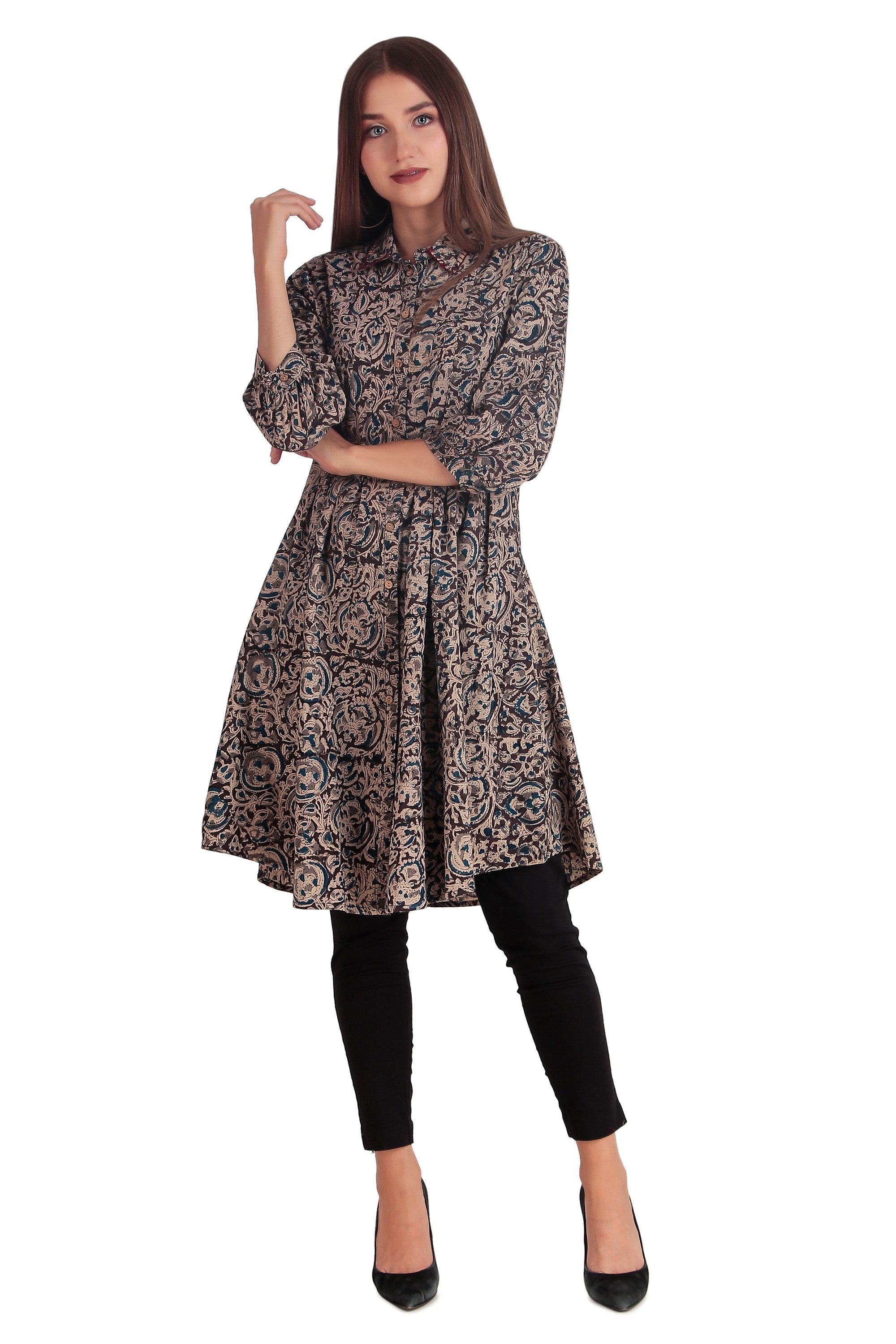 Ambarlyn Womens Batik Printed Flared Tunic Kurti Hand Work Button Down ambarlyn Ambarlyn Womens Batik Printed Flared Tunic Kurti Hand Work Button Down ambarlyn