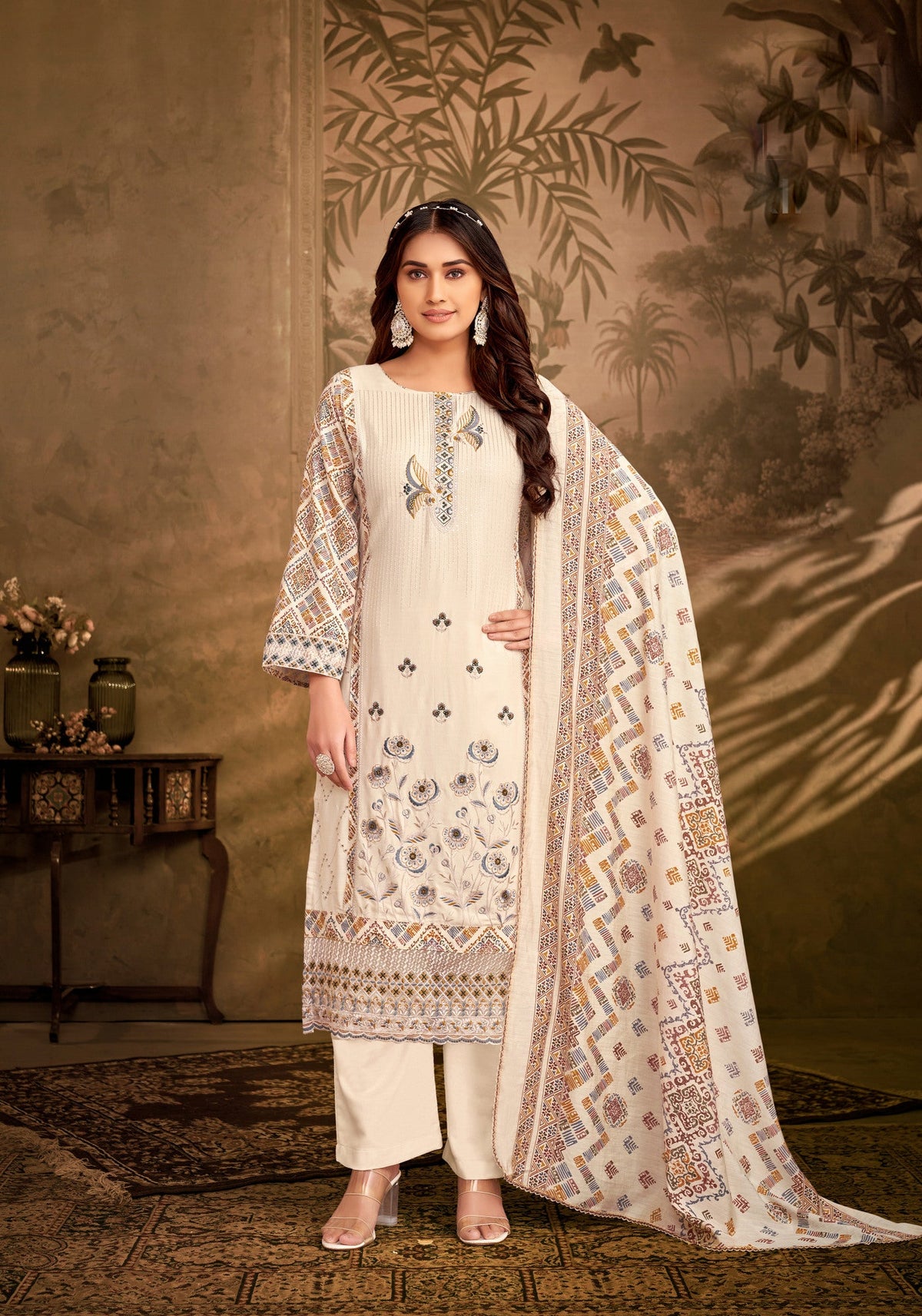 Ambarlyn Partywear Ivory Rayon Salwar Kameez Womens Embroidered Sequins with Back Printed