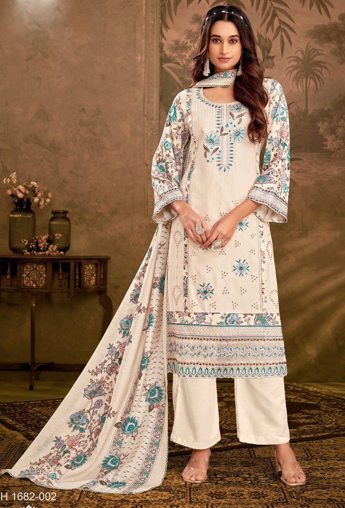 Ambarlyn Partywear Ivory Rayon Salwar Kameez Womens Embroidered Sequins with Back Printed