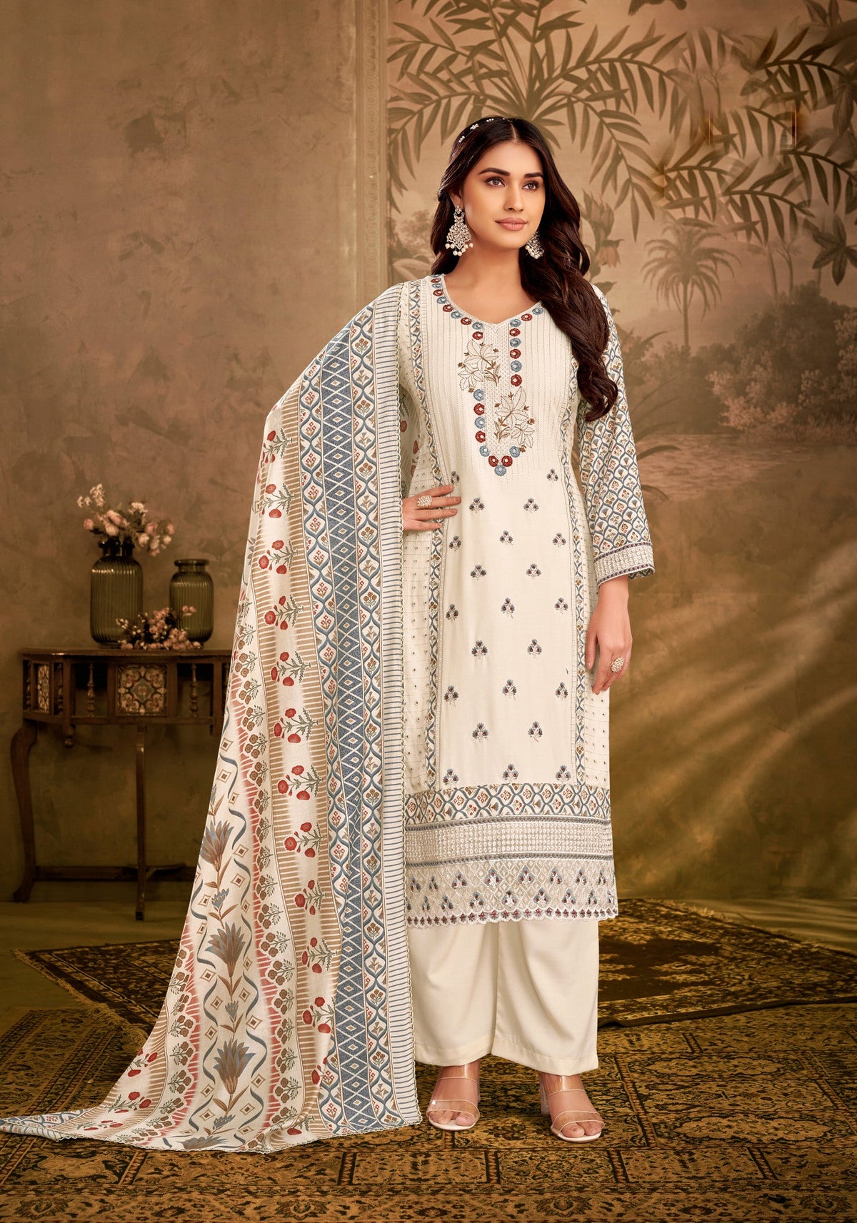 Ambarlyn Partywear Ivory Rayon Salwar Kameez Womens Embroidered Sequins with Back Printed