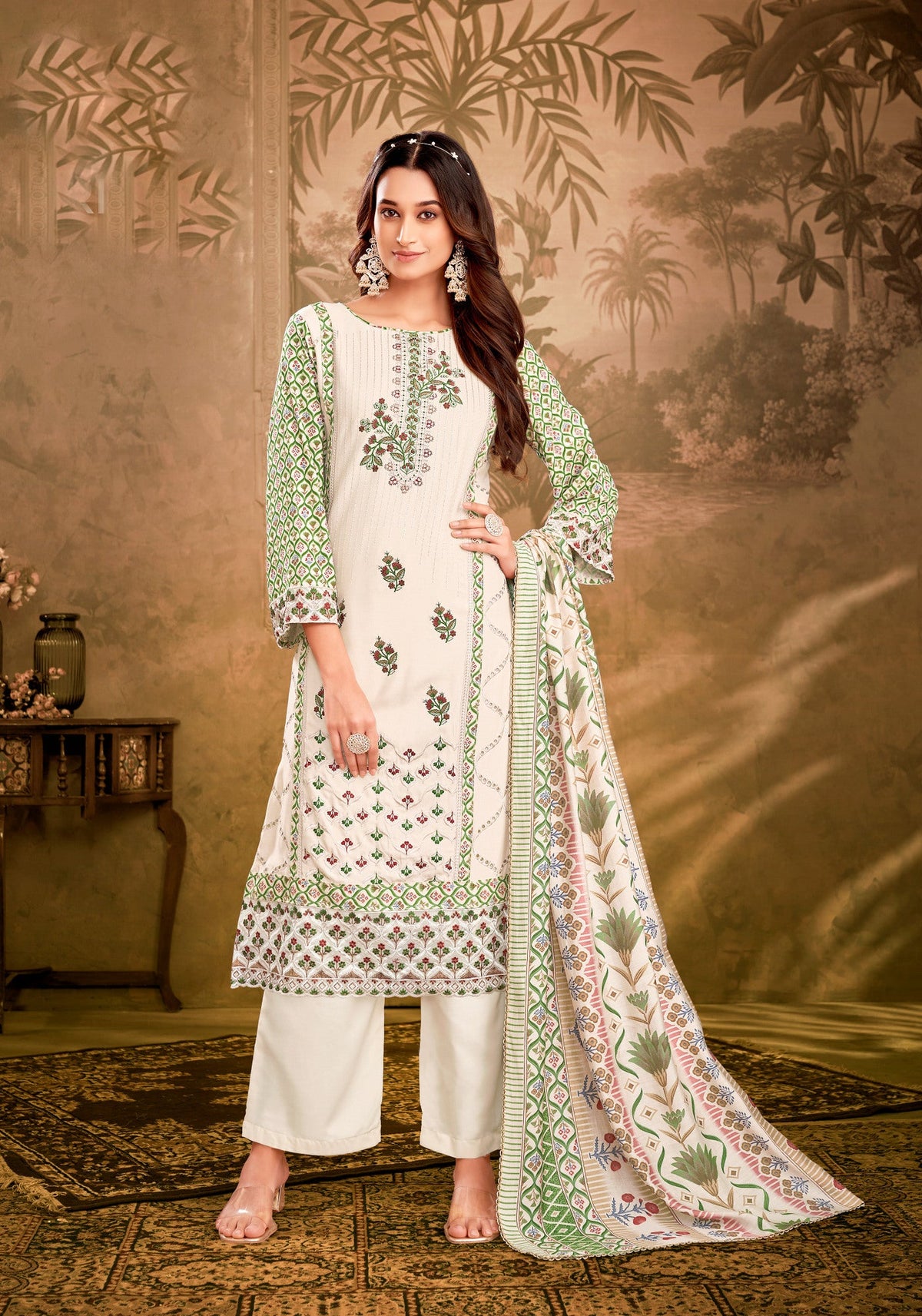 Ambarlyn Partywear Ivory Rayon Salwar Kameez Womens Embroidered Sequins with Back Printed