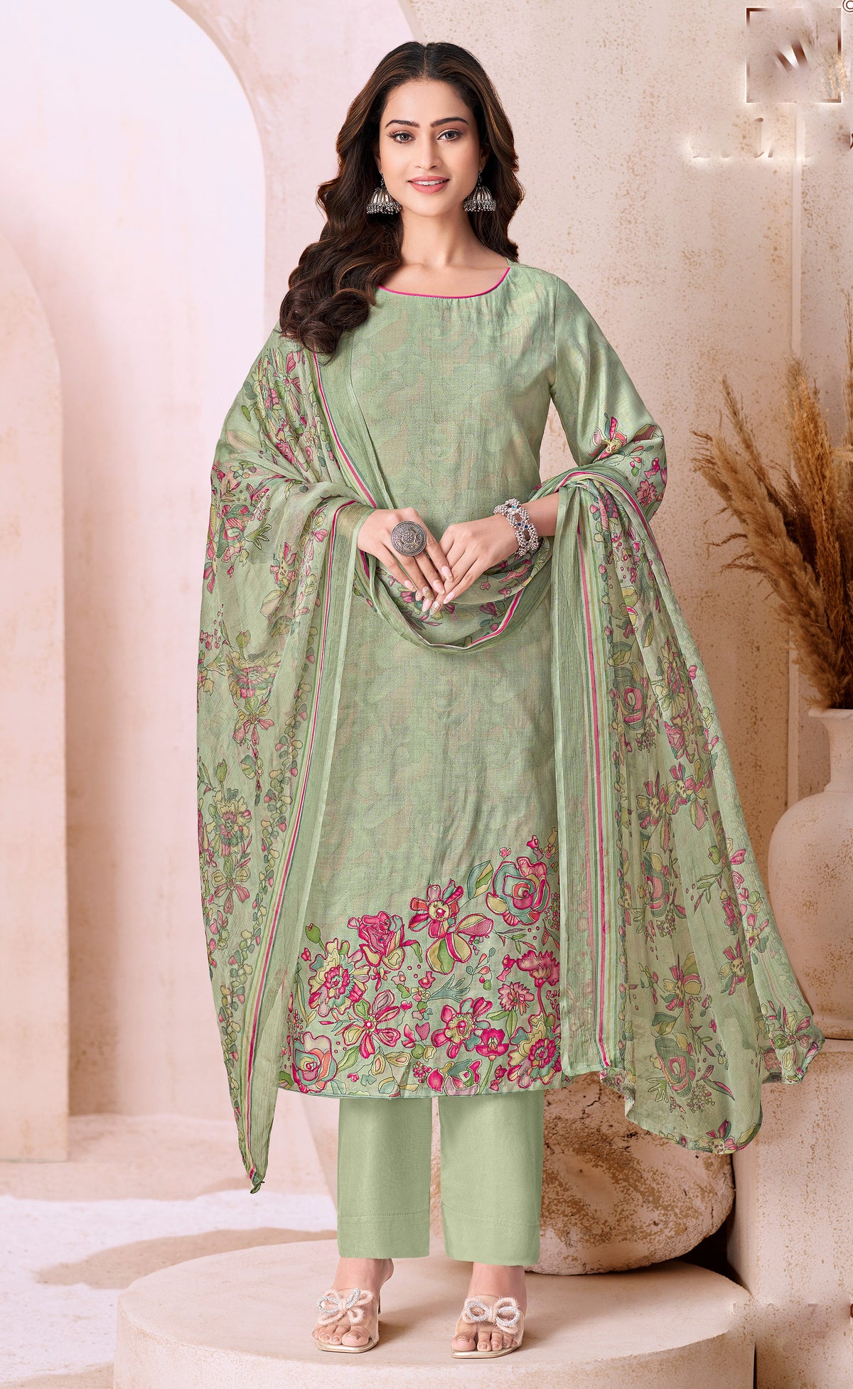 Shimmer Maslin Silk Printed Embroidered Salwar Kameez