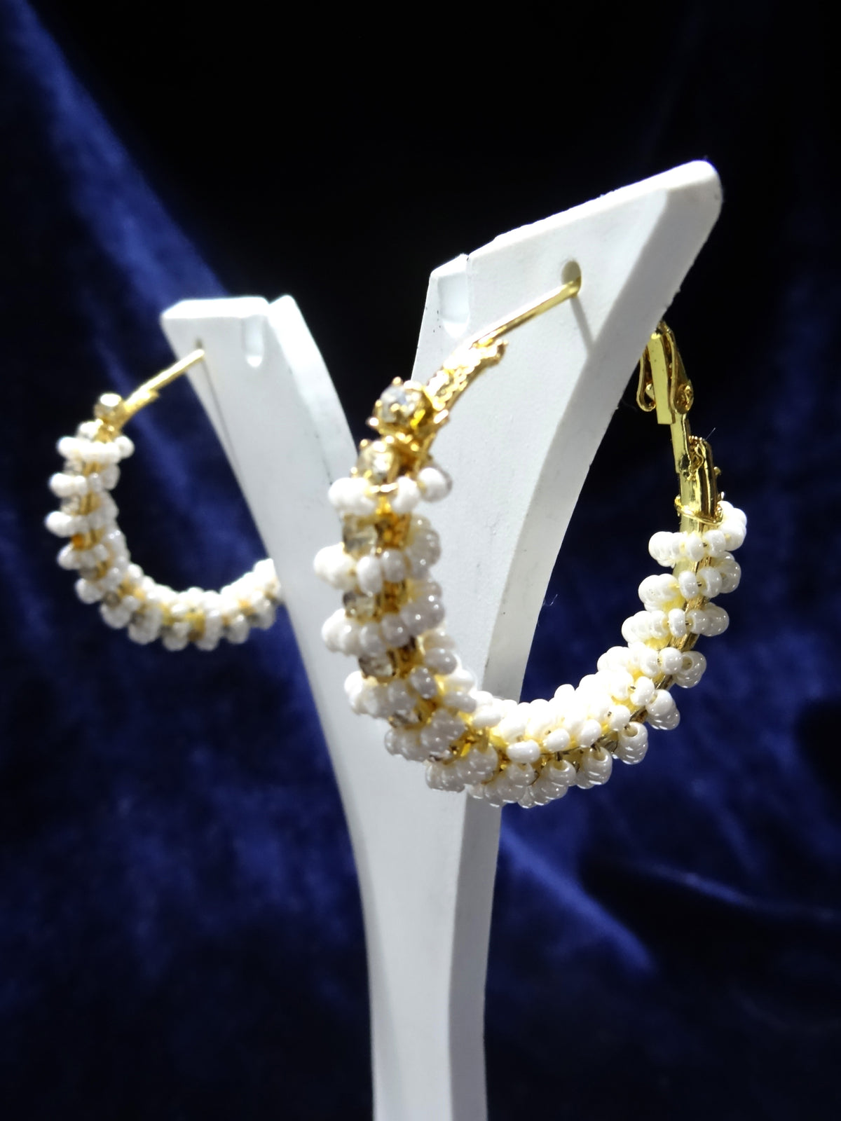 Gold Hoop Earrings with White Bead Accents