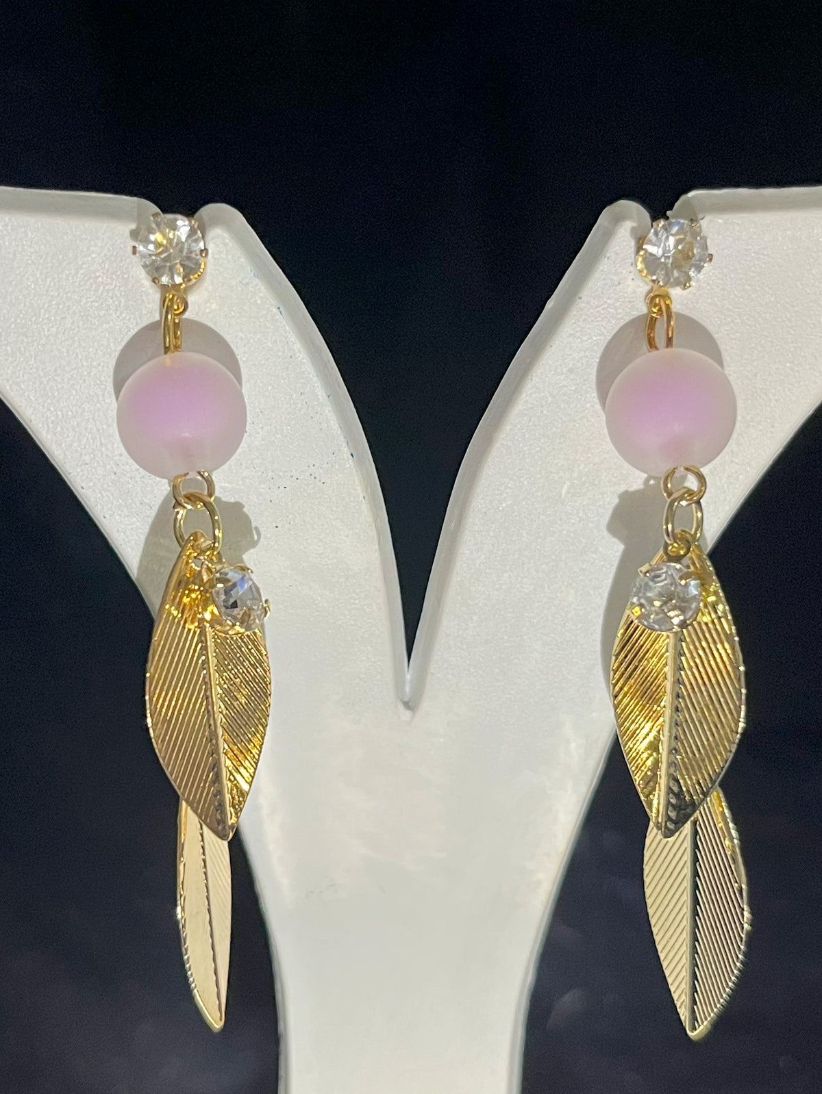 Gold Leaf Drop Earrings with Pink Accent Bead