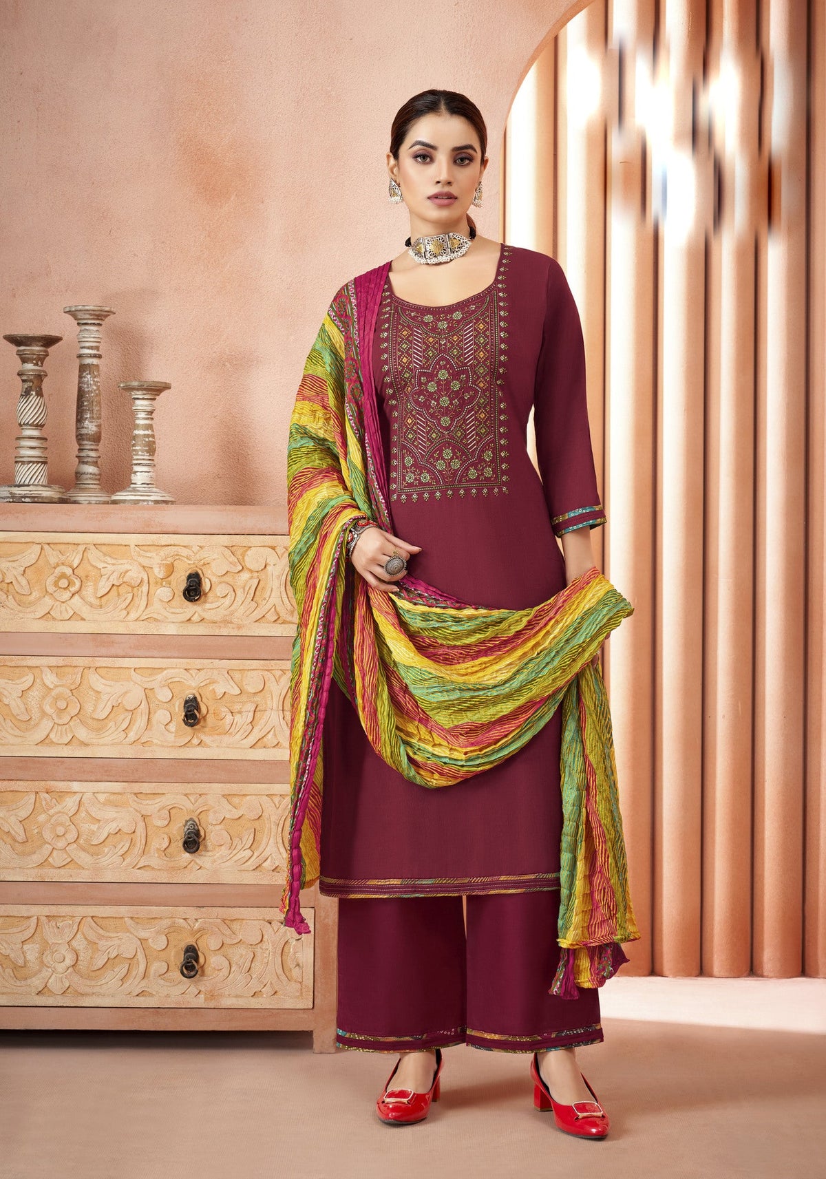 Ambarlyn Rayon Embroidered Salwar Kameez Suit with Bandhani Printed Dupatta | Palazzo Pants