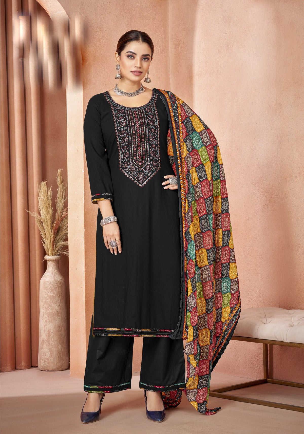 Ambarlyn Rayon Embroidered Salwar Kameez Suit with Bandhani Printed Dupatta | Palazzo Pants