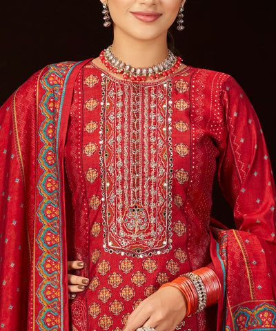 Roman Silk Salwar Kameez Set with Ethnic + Foil Print & Embroidered