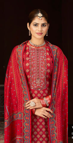 Roman Silk Salwar Kameez Set with Ethnic + Foil Print & Embroidered