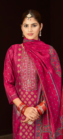Roman Silk Salwar Kameez Set with Ethnic + Foil Print & Embroidered