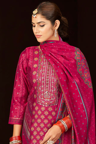 Roman Silk Salwar Kameez Set with Ethnic + Foil Print & Embroidered