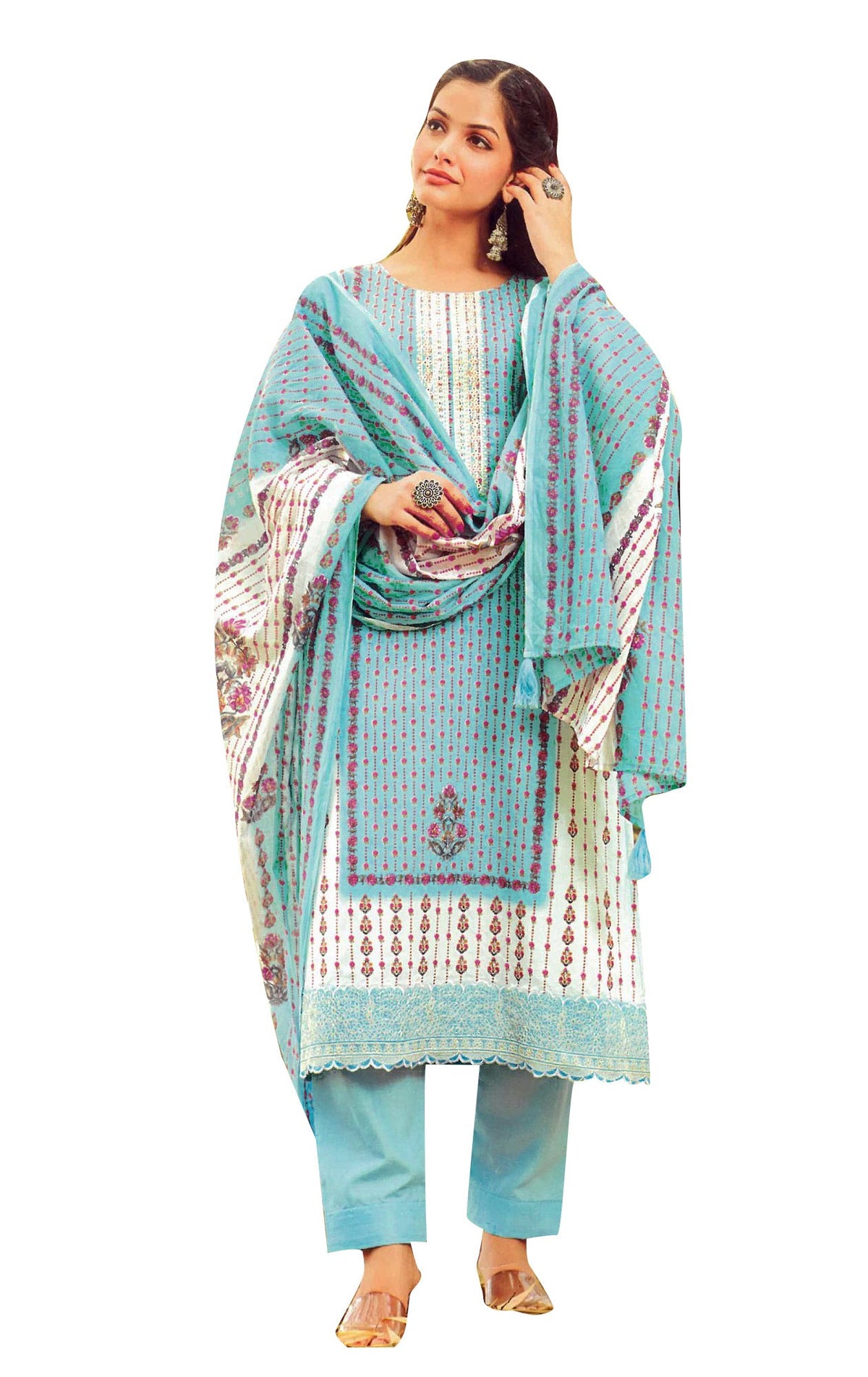 Ambarlyn Women's Cotton Salwar Kameez - Sober Printed with Saroski Work | Pants and Cotton Dupatta (CPESK HBR670)