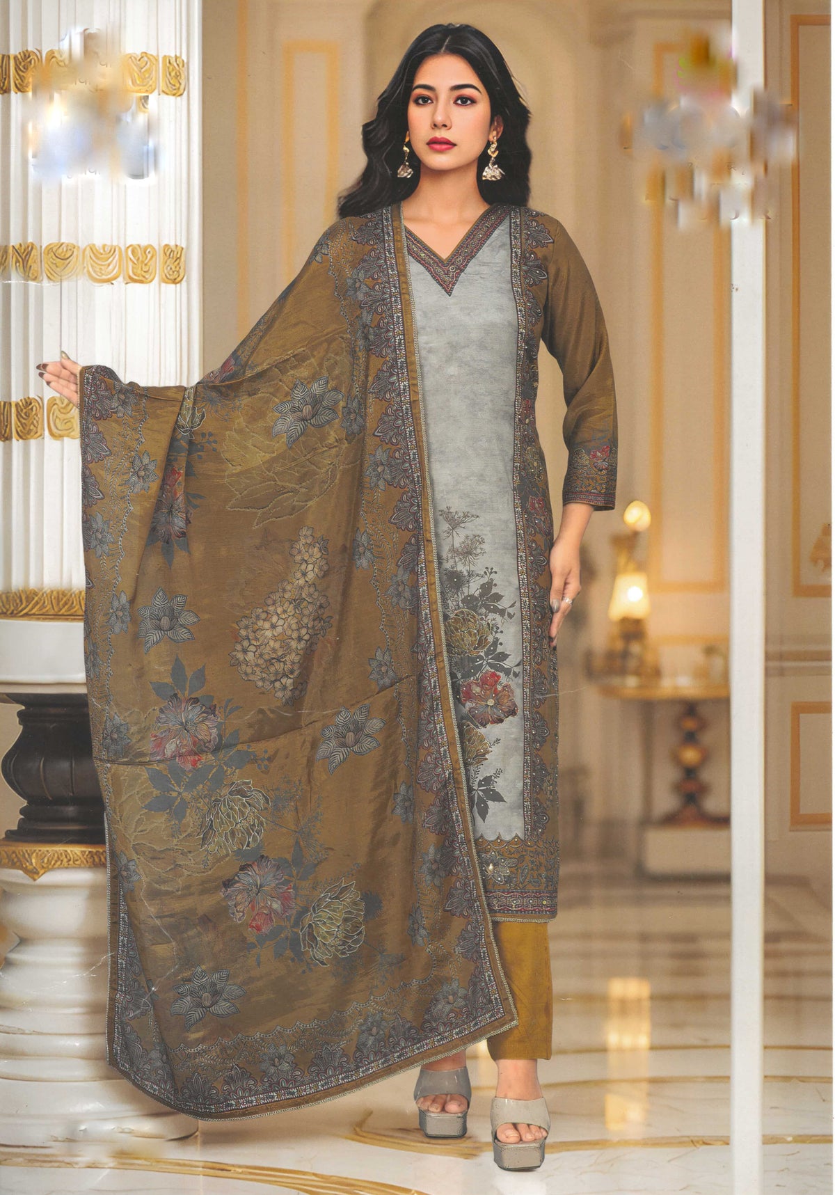 Roman Silk Salwar Kameez Set with Ethnic Print & Embroidered