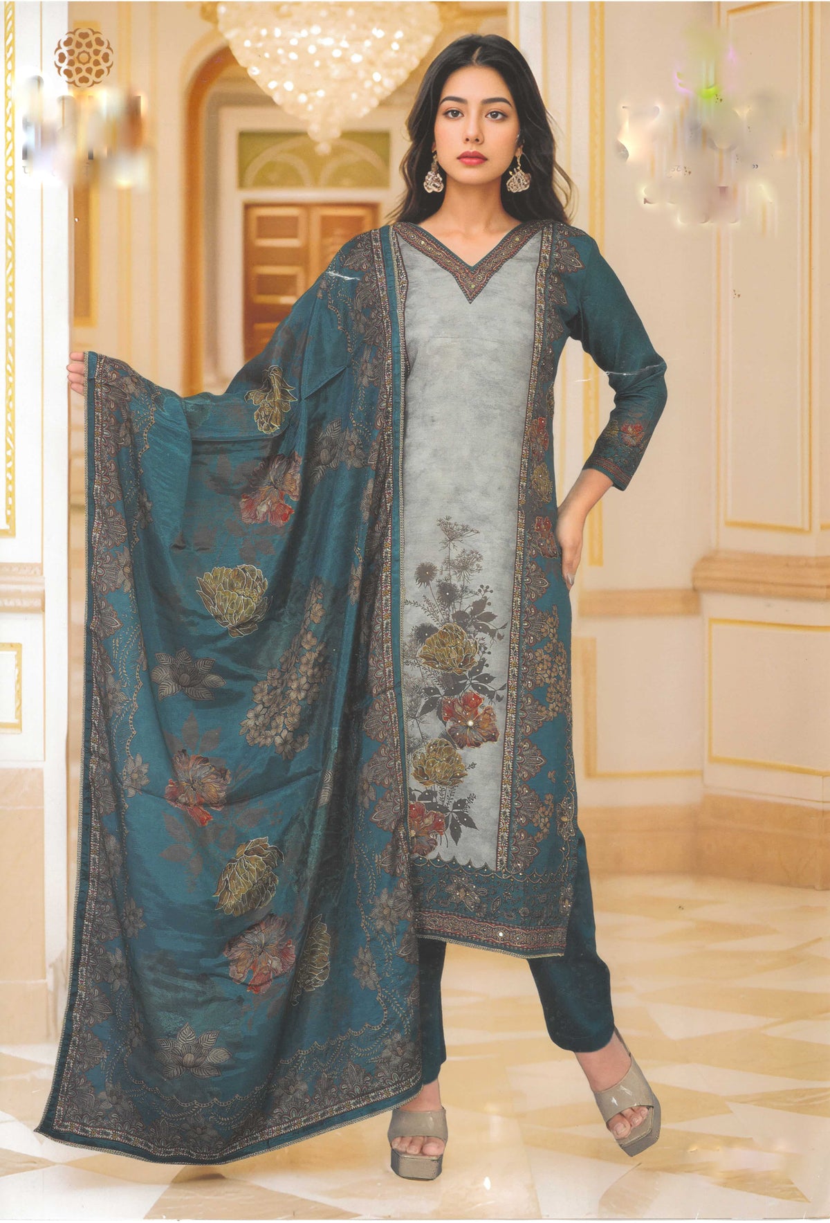 Roman Silk Salwar Kameez Set with Ethnic Print & Embroidered