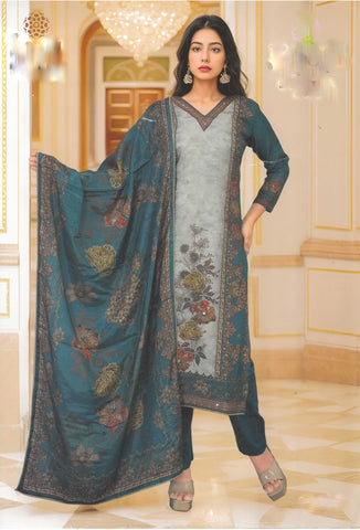 Roman Silk Salwar Kameez Set with Ethnic Print & Embroidered