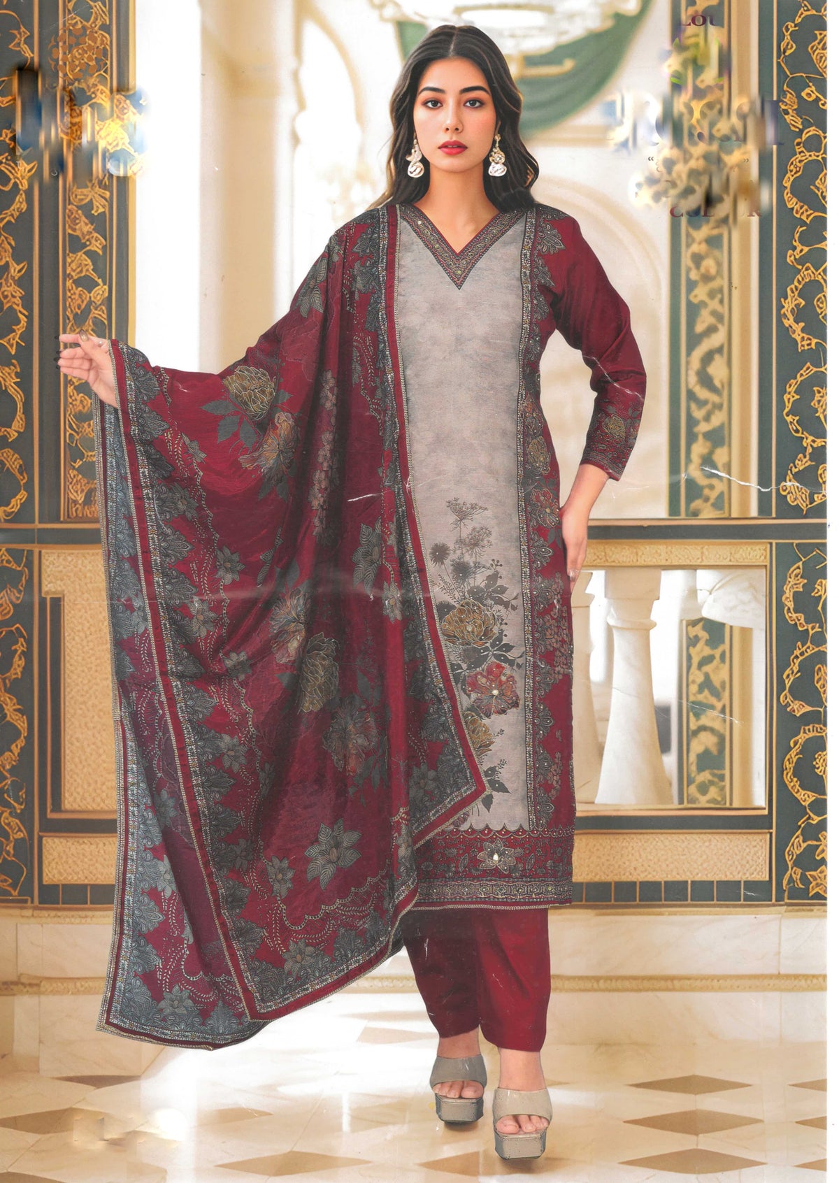 Roman Silk Salwar Kameez Set with Ethnic Print & Embroidered