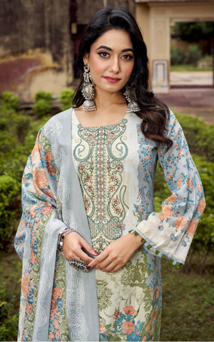 Ladyline 3-Piece Cotton Salwar Kameez Set for Women - Embroidered Kurta, Pants & Printed Dupatta set for Casual Daily Evening wear - Indian Pakistani Suit