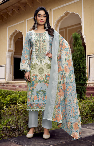 Ladyline 3-Piece Cotton Salwar Kameez Set for Women - Embroidered Kurta, Pants & Printed Dupatta set for Casual Daily Evening wear - Indian Pakistani Suit