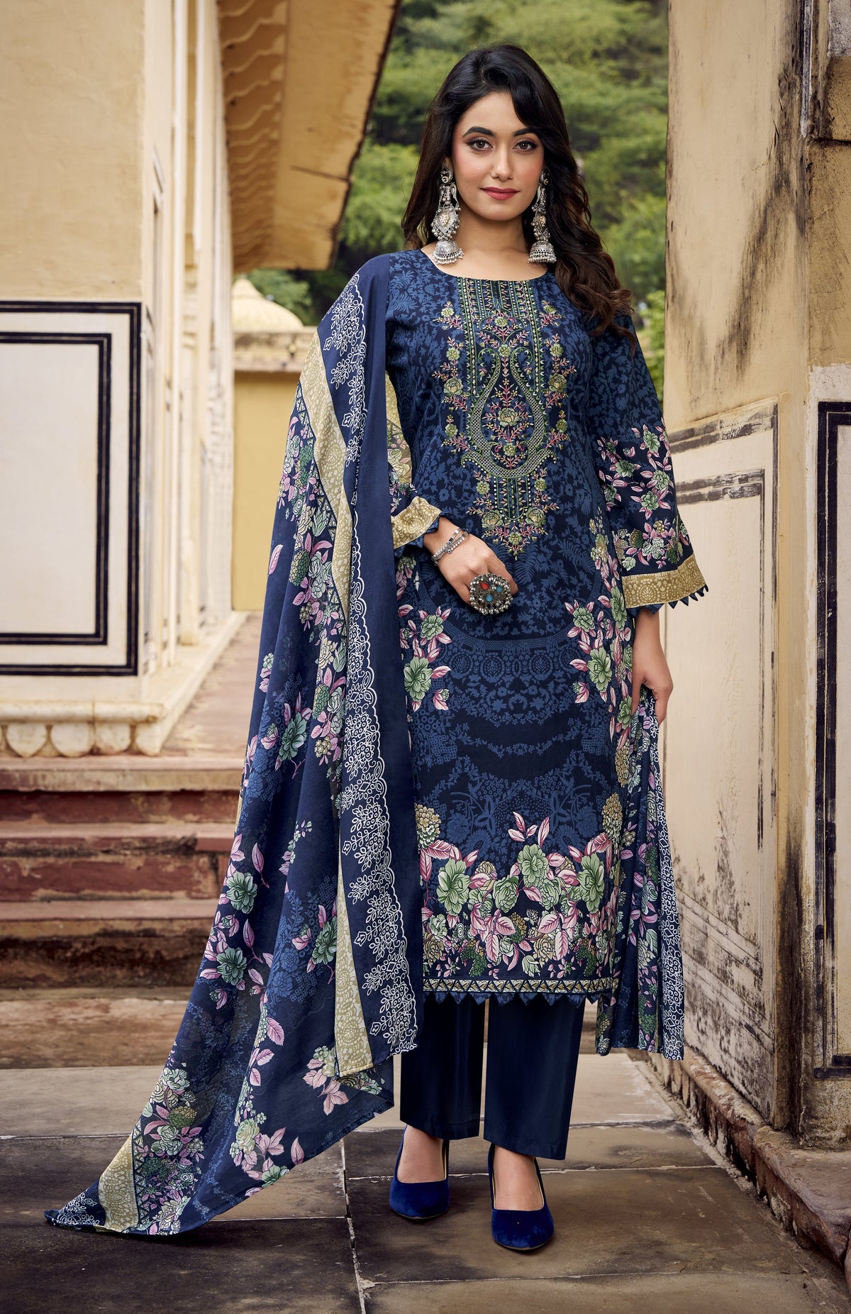 Ladyline 3-Piece Cotton Salwar Kameez Set for Women - Embroidered Kurta, Pants & Printed Dupatta set for Casual Daily Evening wear - Indian Pakistani Suit