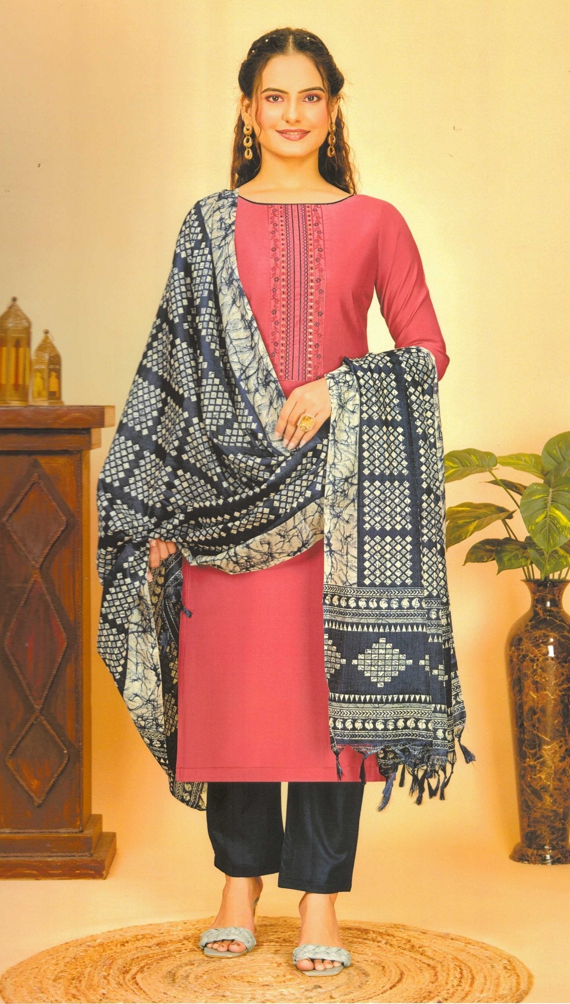 Ambarlyn Roman Silk Salwar Kameez | Embroidered Sequins Work | Ethnic Printed Silk Dupatta