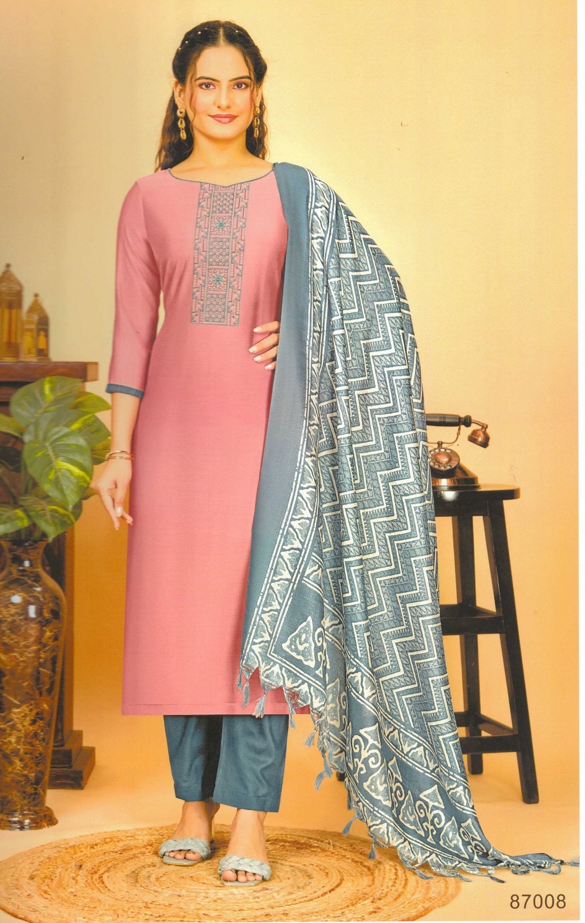 Ambarlyn Roman Silk Salwar Kameez | Embroidered Sequins Work | Ethnic Printed Silk Dupatta