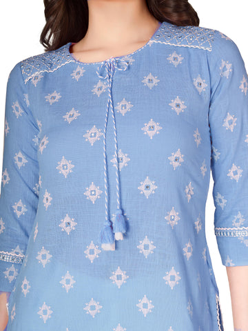 Womens Cotton Printed Embroidered Tunic Top Short Kurti – Ethnic Block - Mirror & Sequin Work