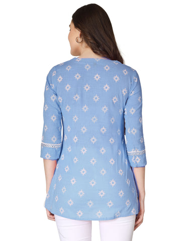 Womens Cotton Printed Embroidered Tunic Top Short Kurti – Ethnic Block - Mirror & Sequin Work
