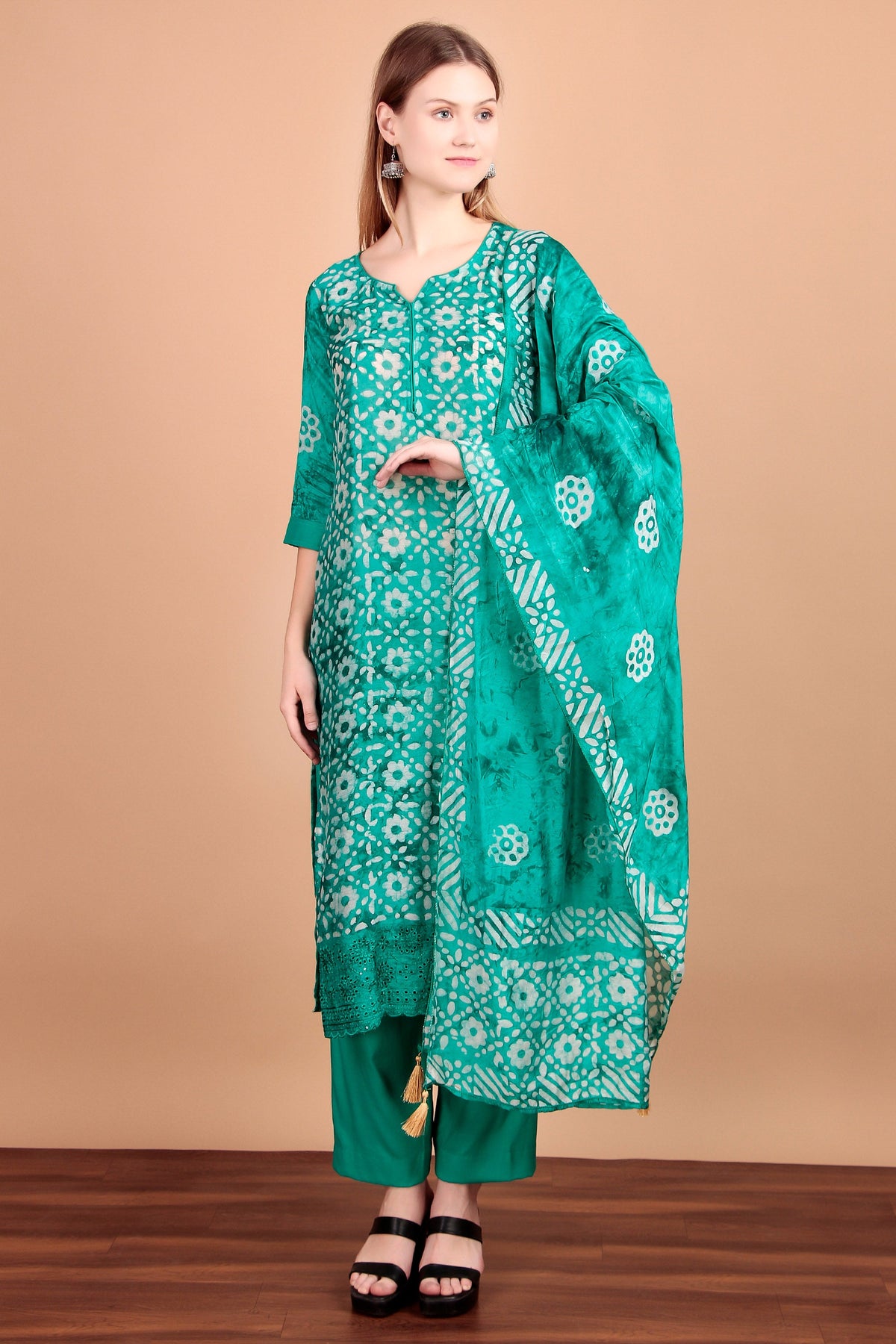 Ambarlyn Womens Silk Ethnic Batik Printed Salwar Kameez - Chikankari Embroidered Schiffli Cutwork