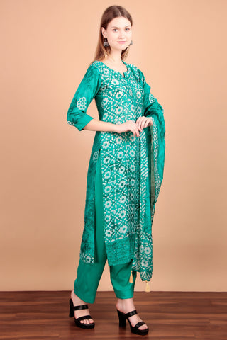 Ambarlyn Womens Silk Ethnic Batik Printed Salwar Kameez - Chikankari Embroidered Schiffli Cutwork