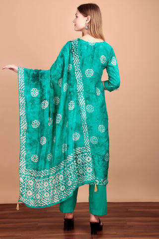 Ambarlyn Womens Silk Ethnic Batik Printed Salwar Kameez - Chikankari Embroidered Schiffli Cutwork